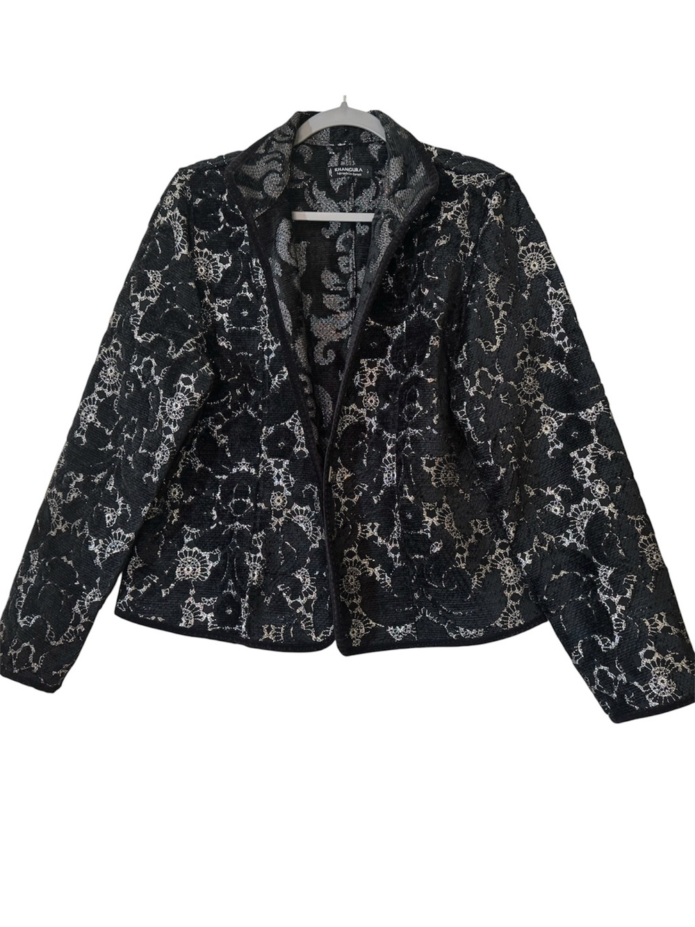 Khangura “Reversible Glitz” Blazer – Black Lace Overlay – Velvet Trim –L